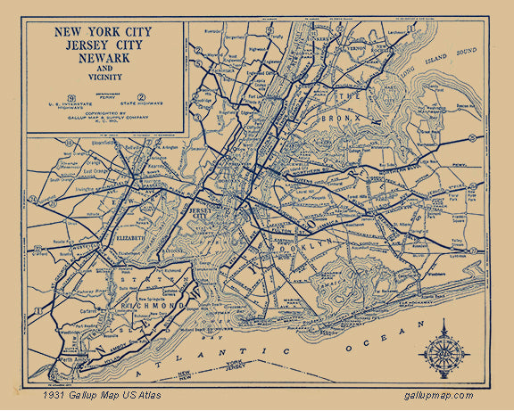 Antique/ Vintage New York City New Jersey City Newark Map dated 1931