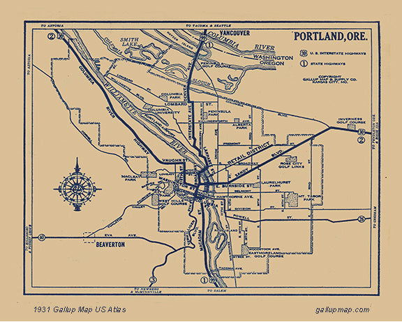 Antique/ Vintage Portland Oregon Map dated 1931