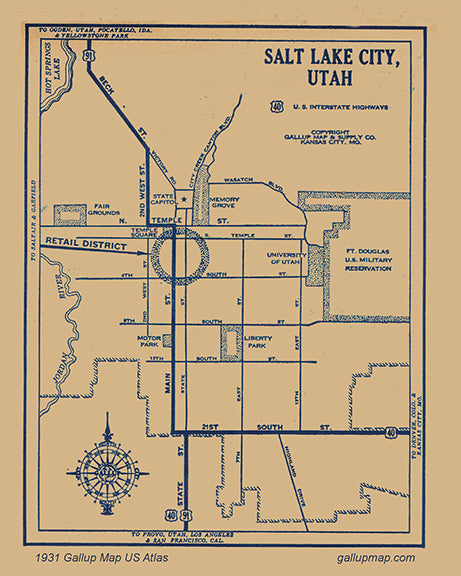 Antique/ Vintage Salt Lake City Utah Map dated 1931