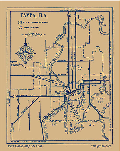 Antique/ Vintage Tampa Florida Map dated 1931