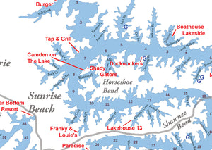 Lake of the Ozarks Chart for the Boat with Bars, Restaurants and Gas