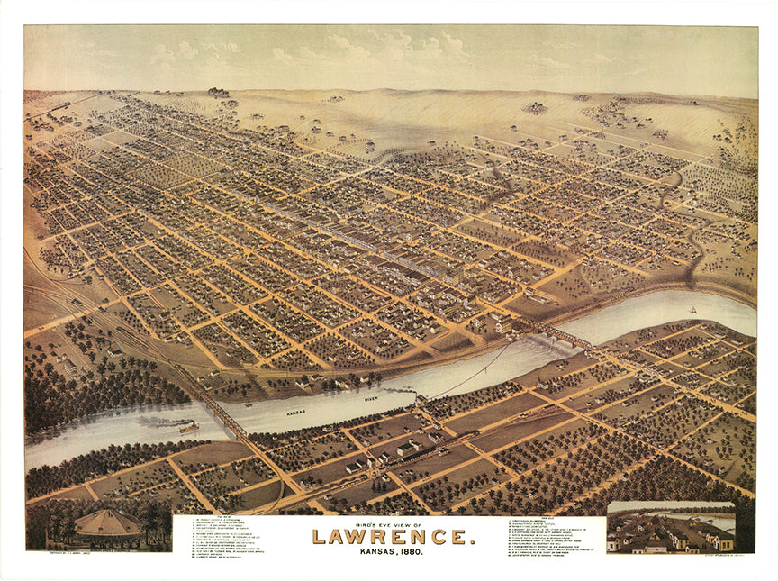 Lawrence Kansas Birds Eye Map 1869
