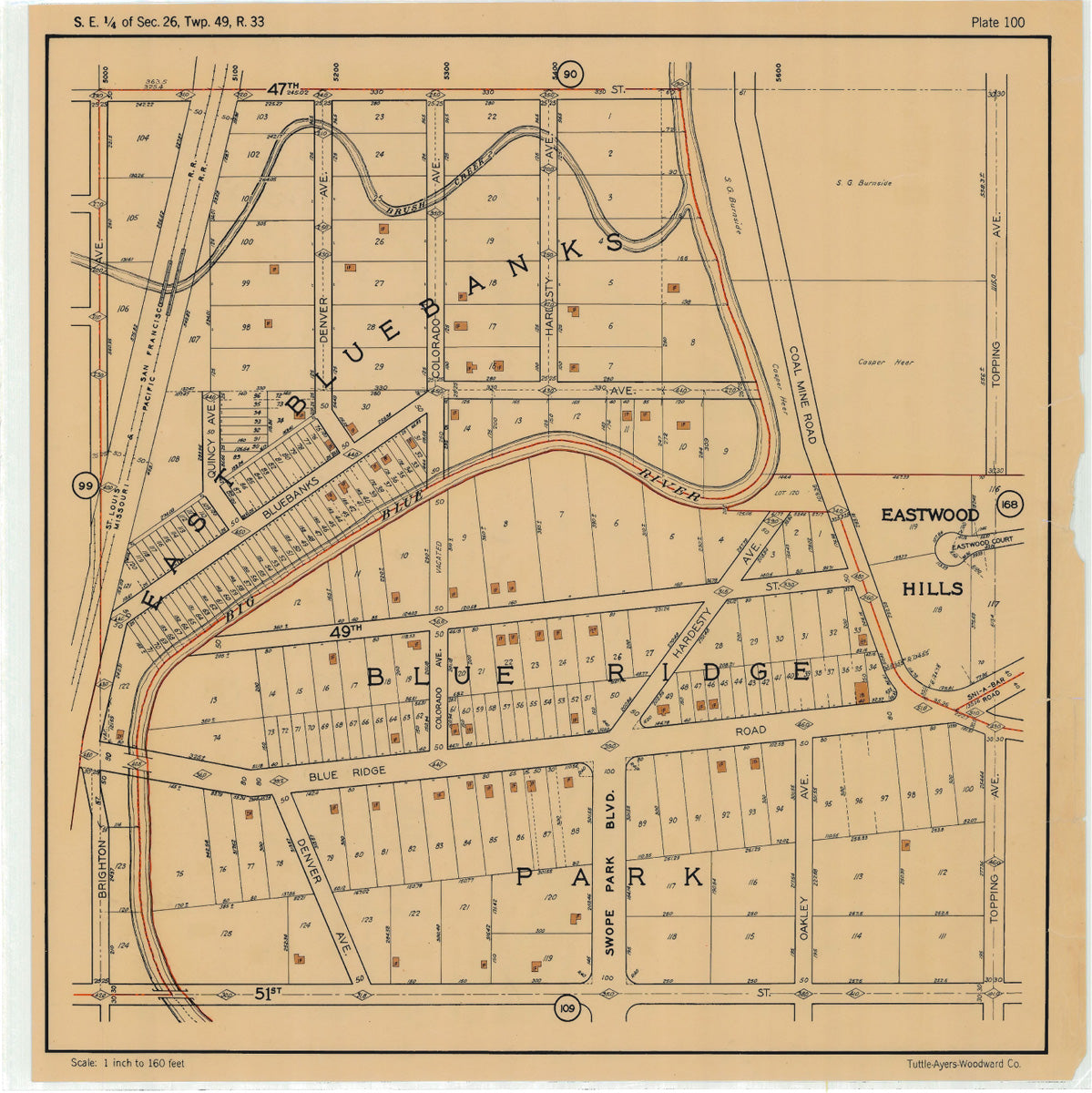Kansas City 1925 Neighborhood Map - Plate #100 47th-51st Brighton-Topping