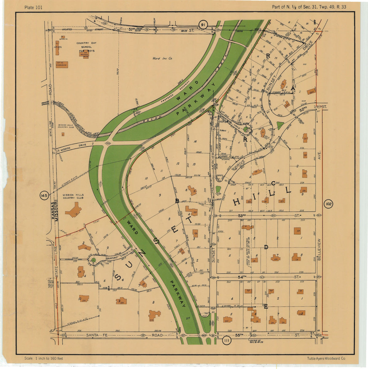 Kansas City 1925 Neighborhood Map - Plate #101 51st-55th State Line-Belleview