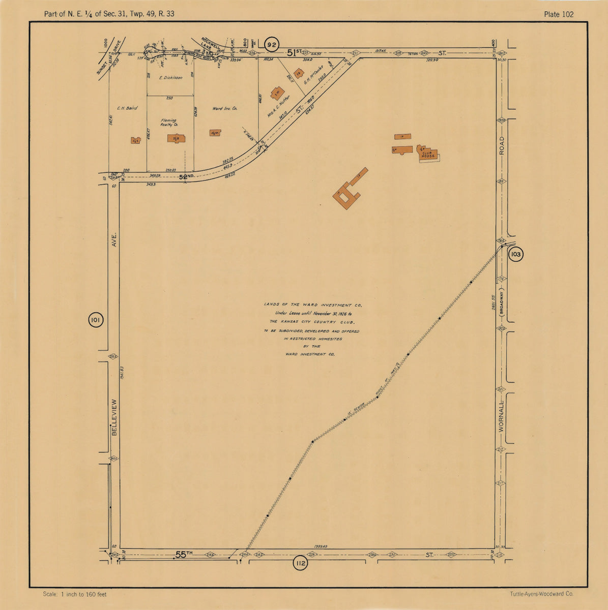 Kansas City 1925 Neighborhood Map - Plate #102 51st-55th Belleview-Wornall