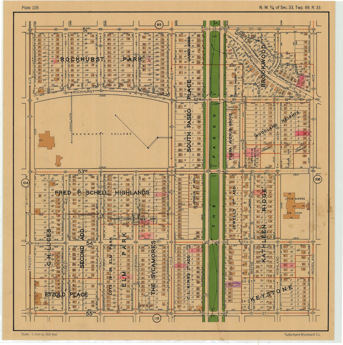 Kansas City 1925 Neighborhood Map - Plate #105 51st-55th Troost-Woodland