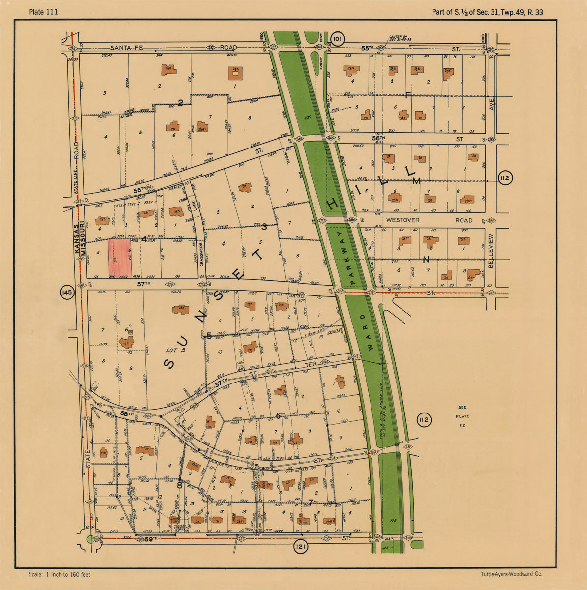 Kansas City 1925 Neighborhood Map - Plate #111 55th-59 State Line-Bellview