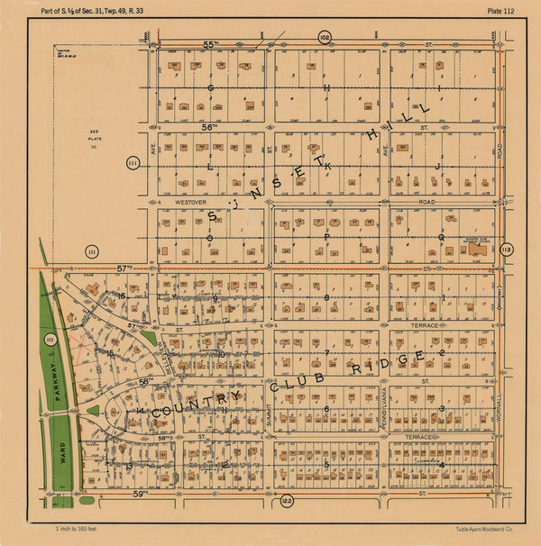 Kansas City 1925 Neighborhood Map - Plate #112 55th-59th Ward Pkwy-Wor ...