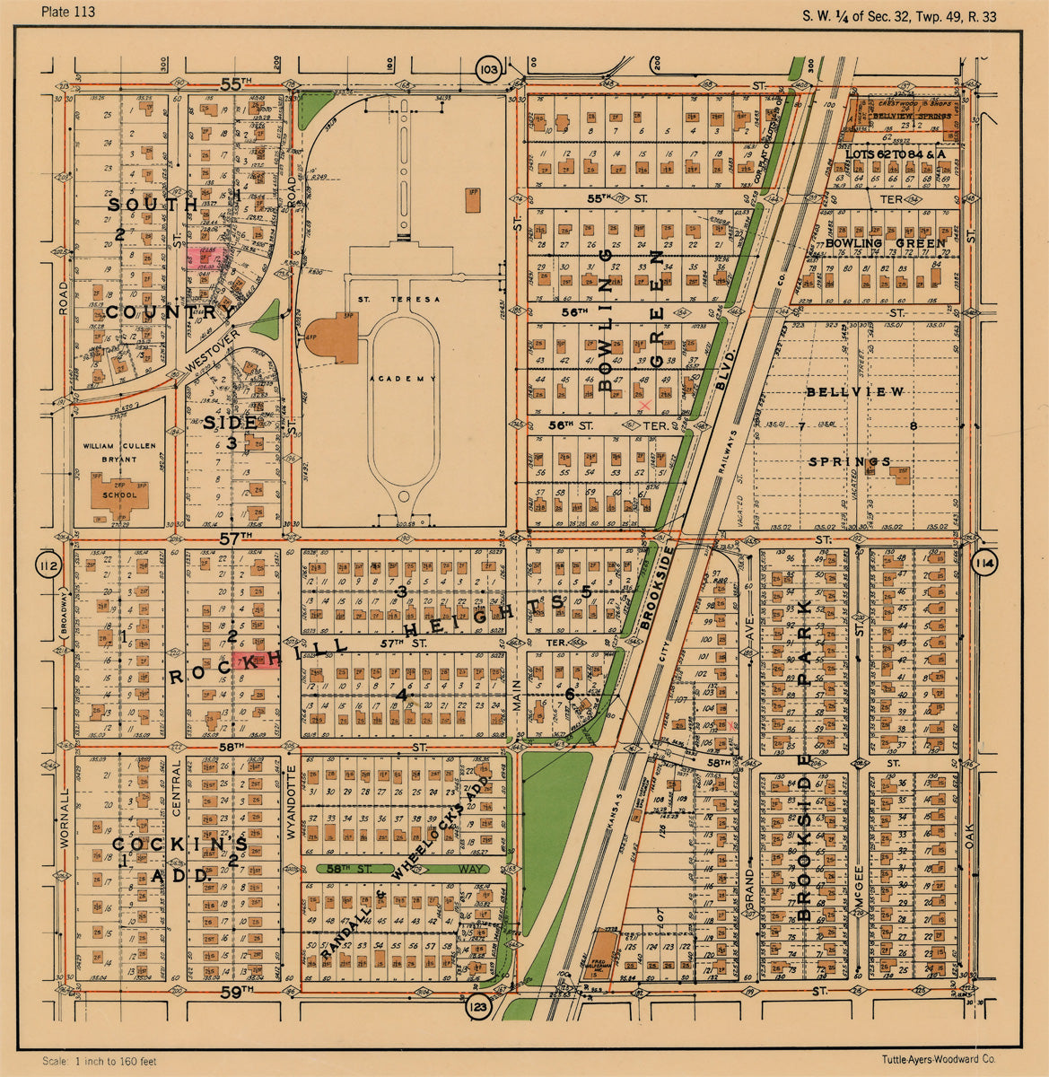 Kansas City 1925 Neighborhood Map - Plate #113 55th-59th Wornall-Oak