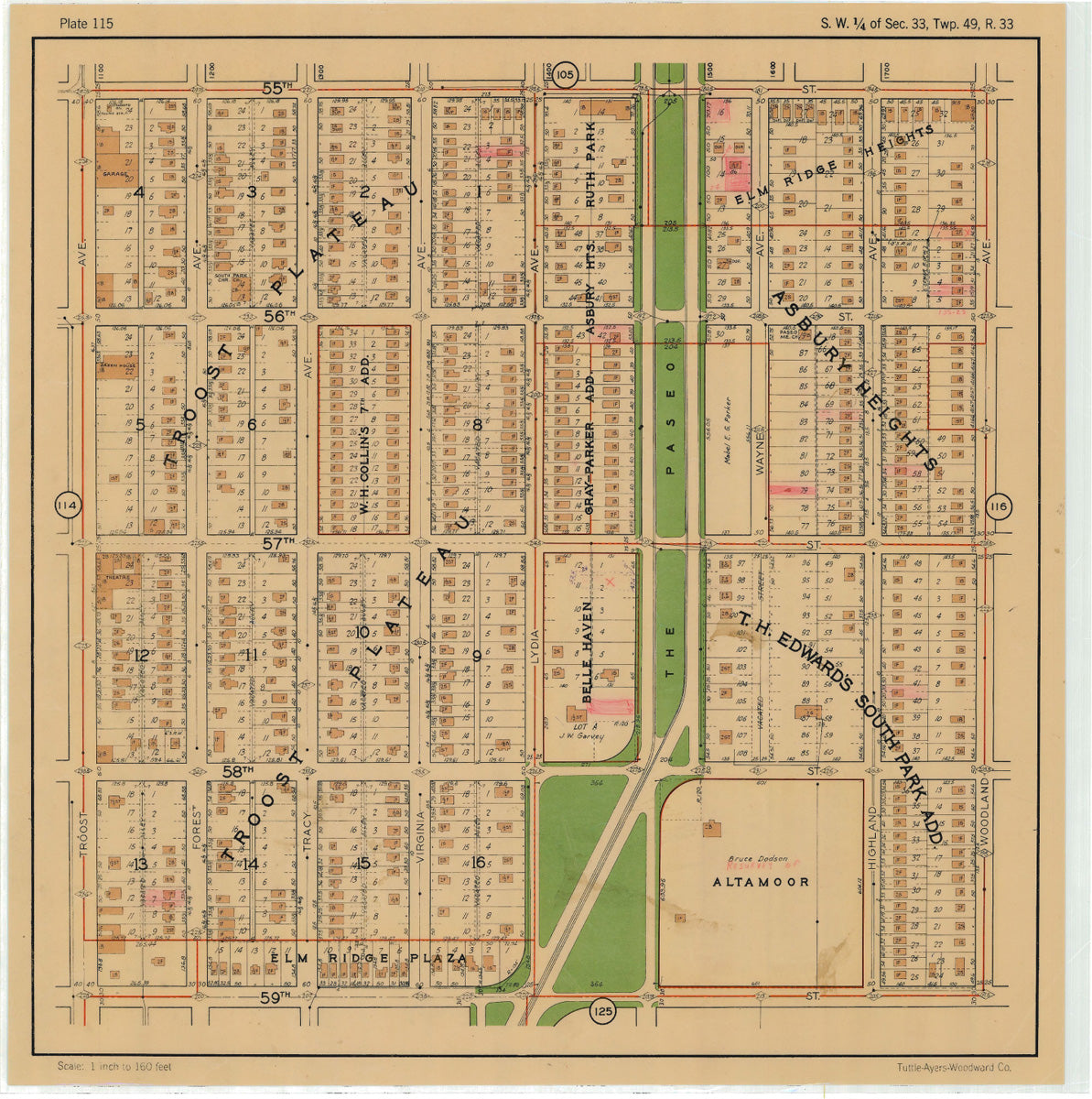 Kansas City 1925 Neighborhood Map - Plate #115 55th-59th Troost-Woodland