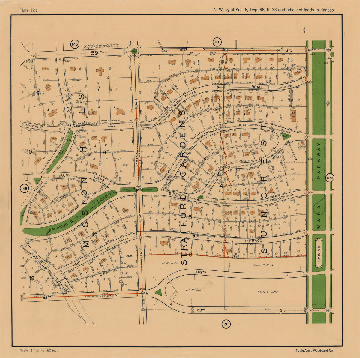 Kansas City 1925 Neighborhood Map - Plate #121 59th-63rd High Dr-Ward Pkwy