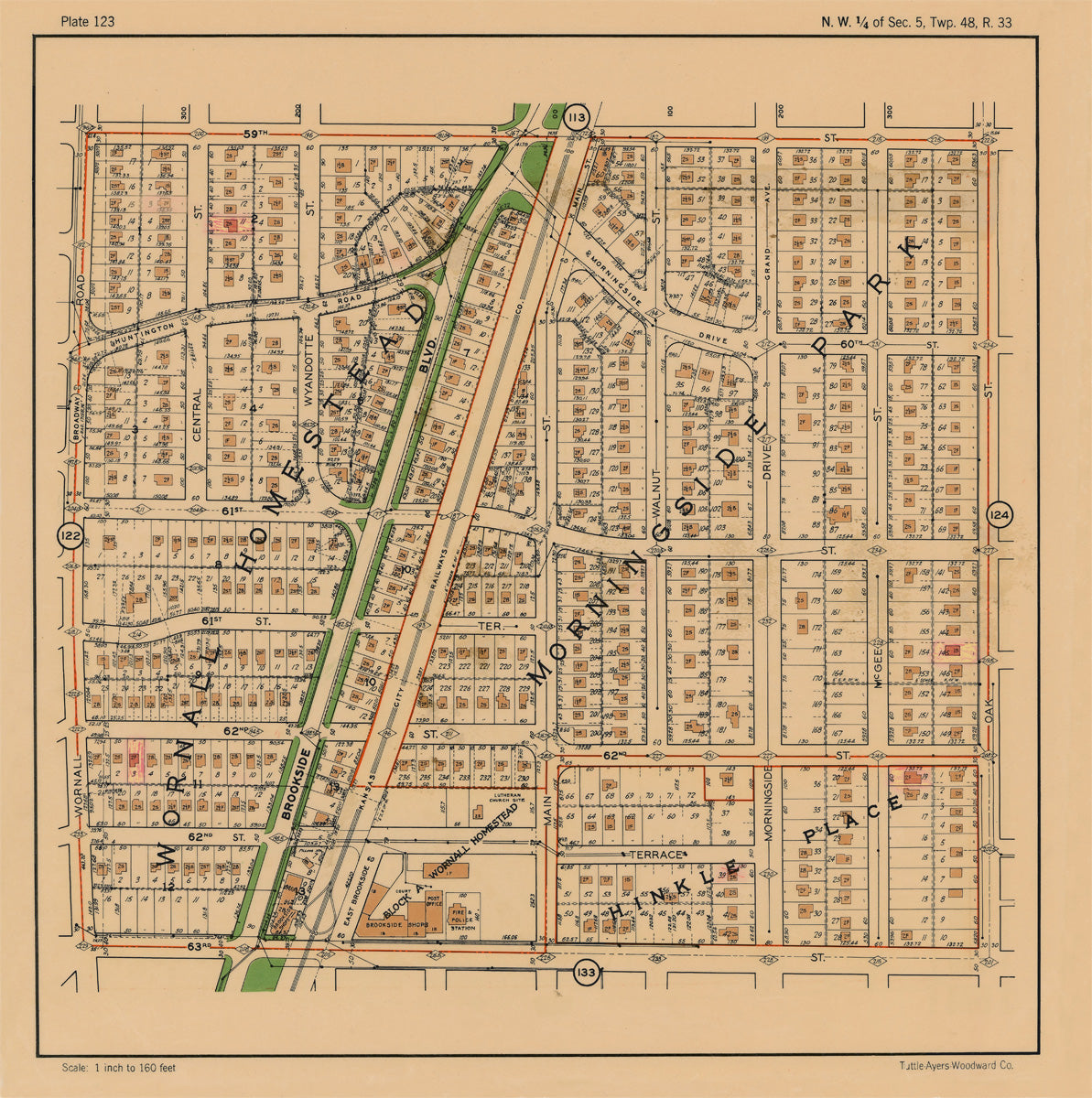 Kansas City 1925 Neighborhood Map - Plate #123 59th-63rd Wornall-Oak