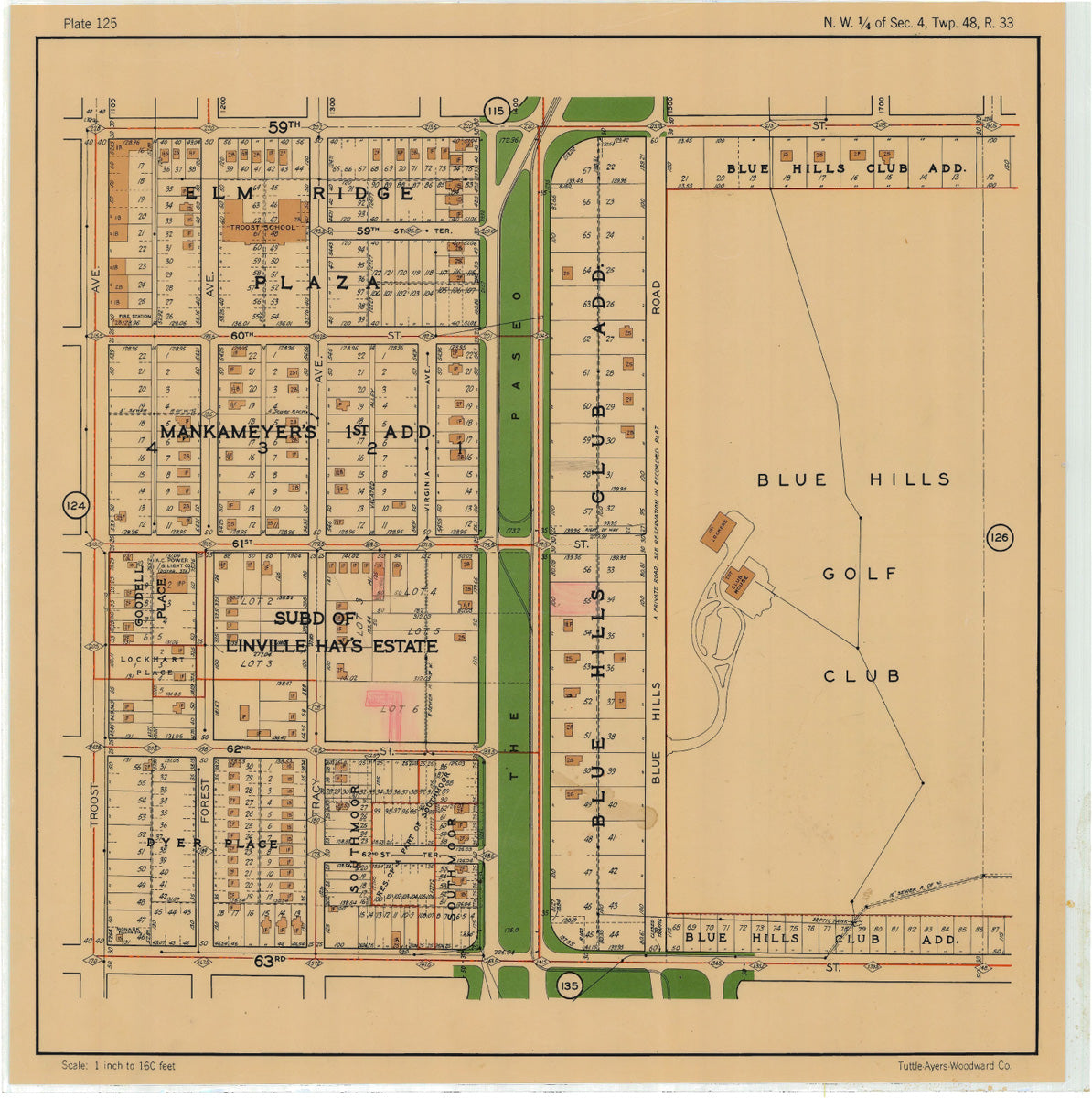 Kansas City 1925 Neighborhood Map - Plate #125 59th-63rd Troost-Blue Hills