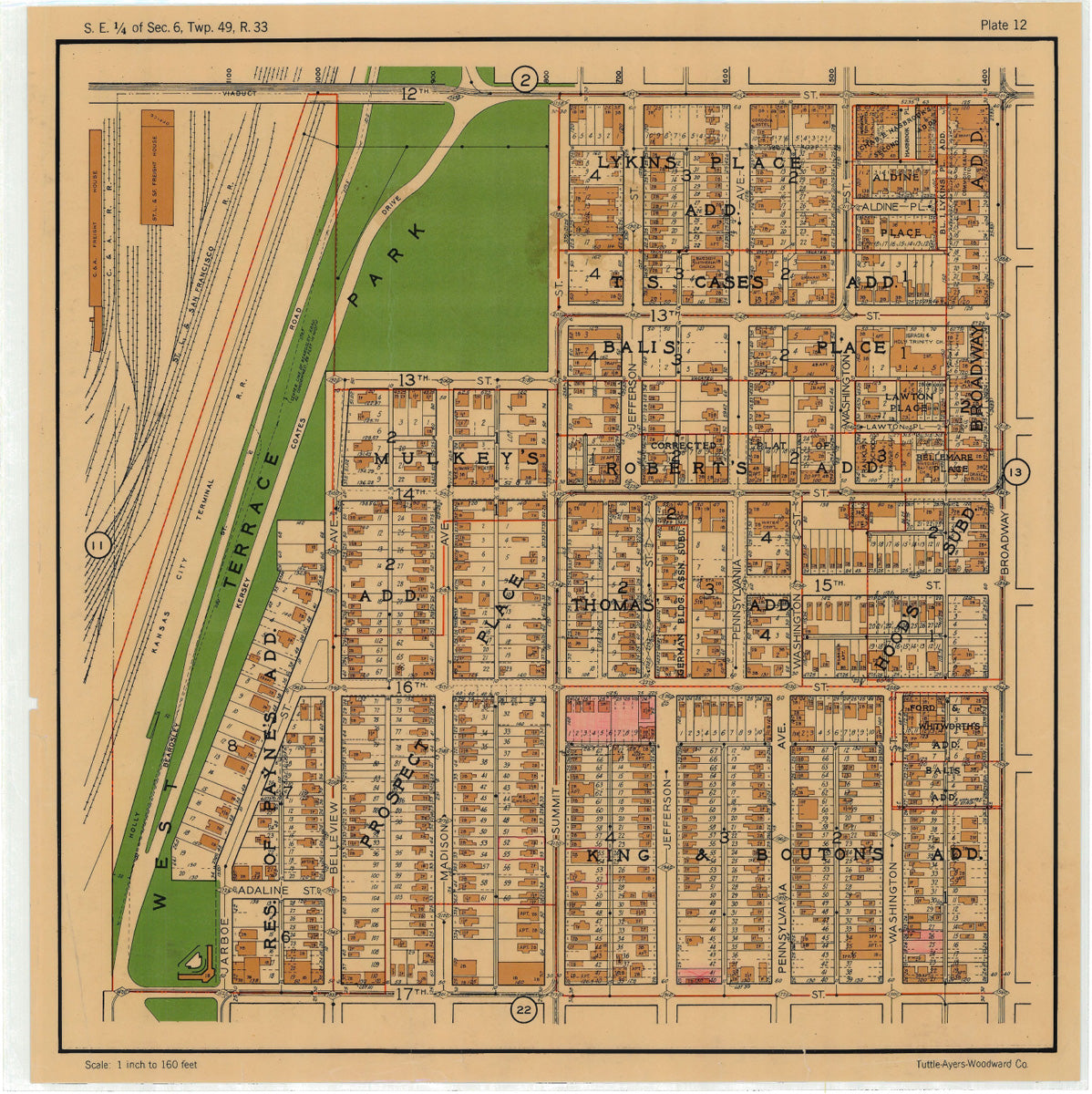Kansas City 1925 Neighborhood Map - Plate #12 12th-17th Jarboe-Broadway