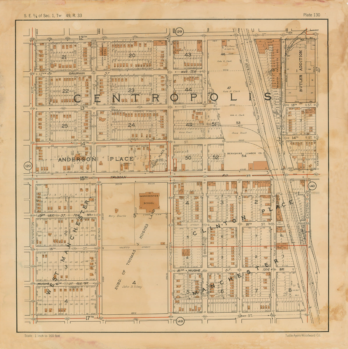 Kansas City 1925 Neighborhood Map - Plate #130 12th-17th Bennington-Crystal