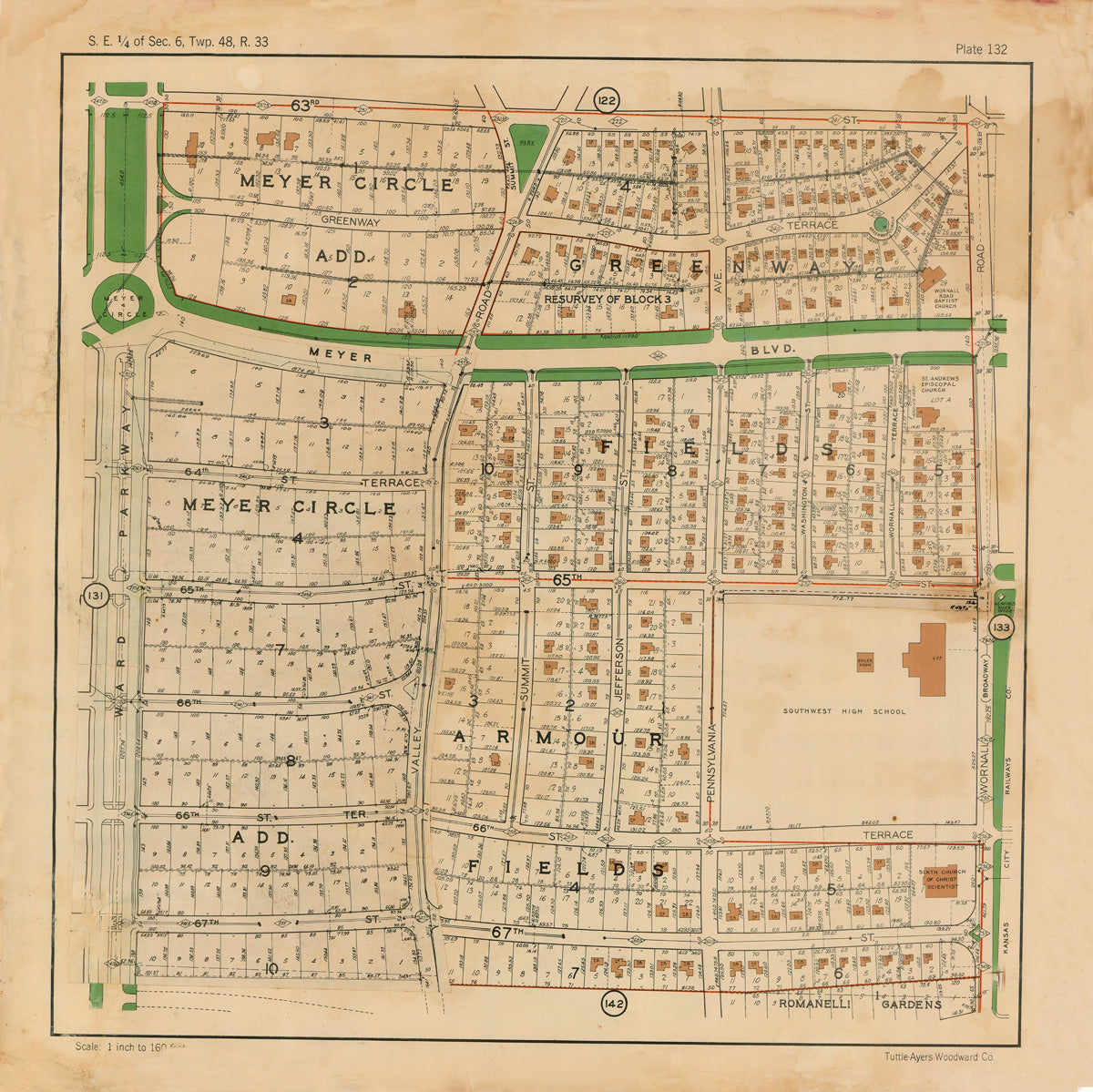 Kansas City 1925 Neighborhood Map - Plate #132 63rd-67th Ward Pkwy-Wornall