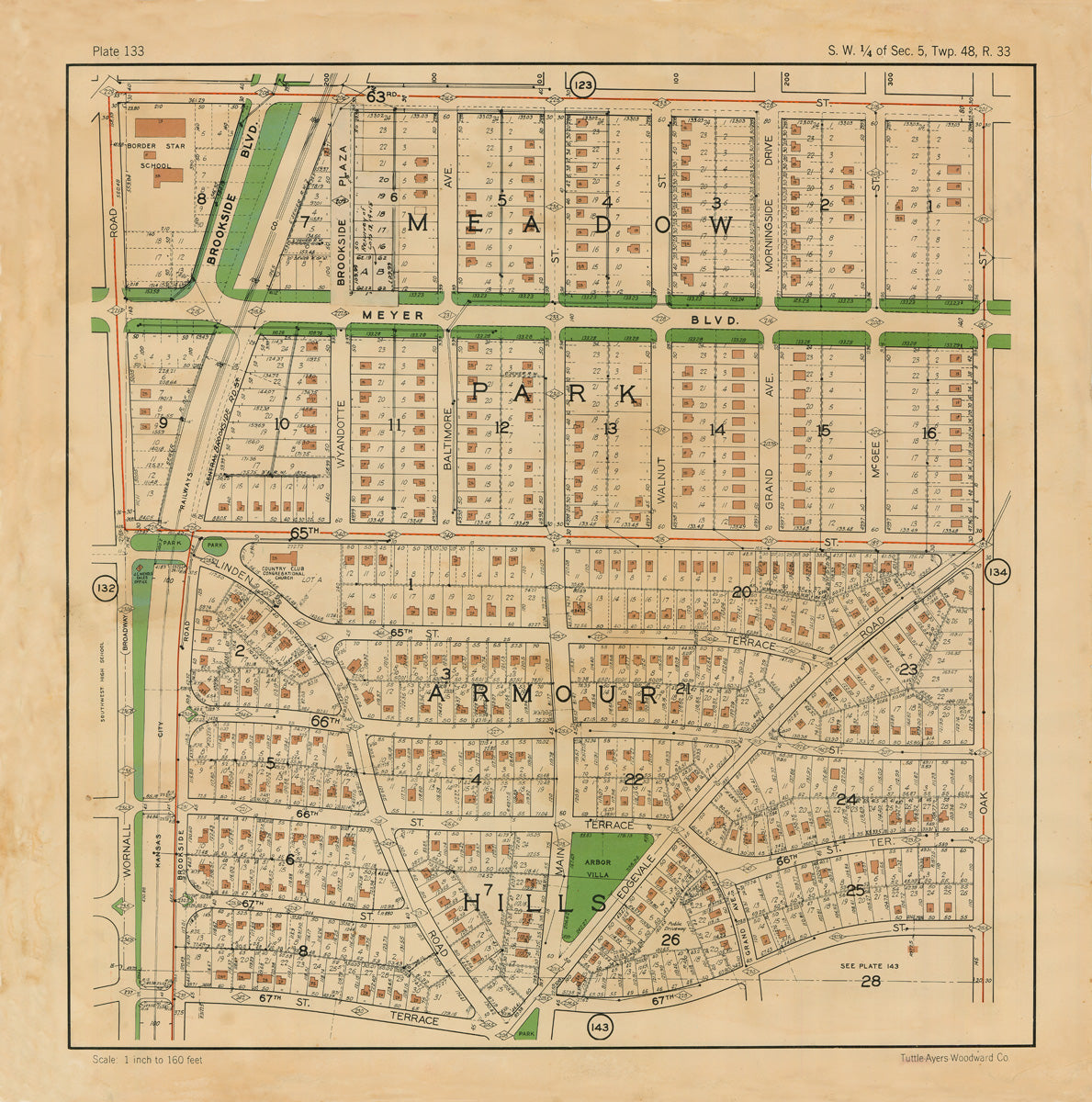Kansas City 1925 Neighborhood Map - Plate #133 63rd-67th Wornall-Oak