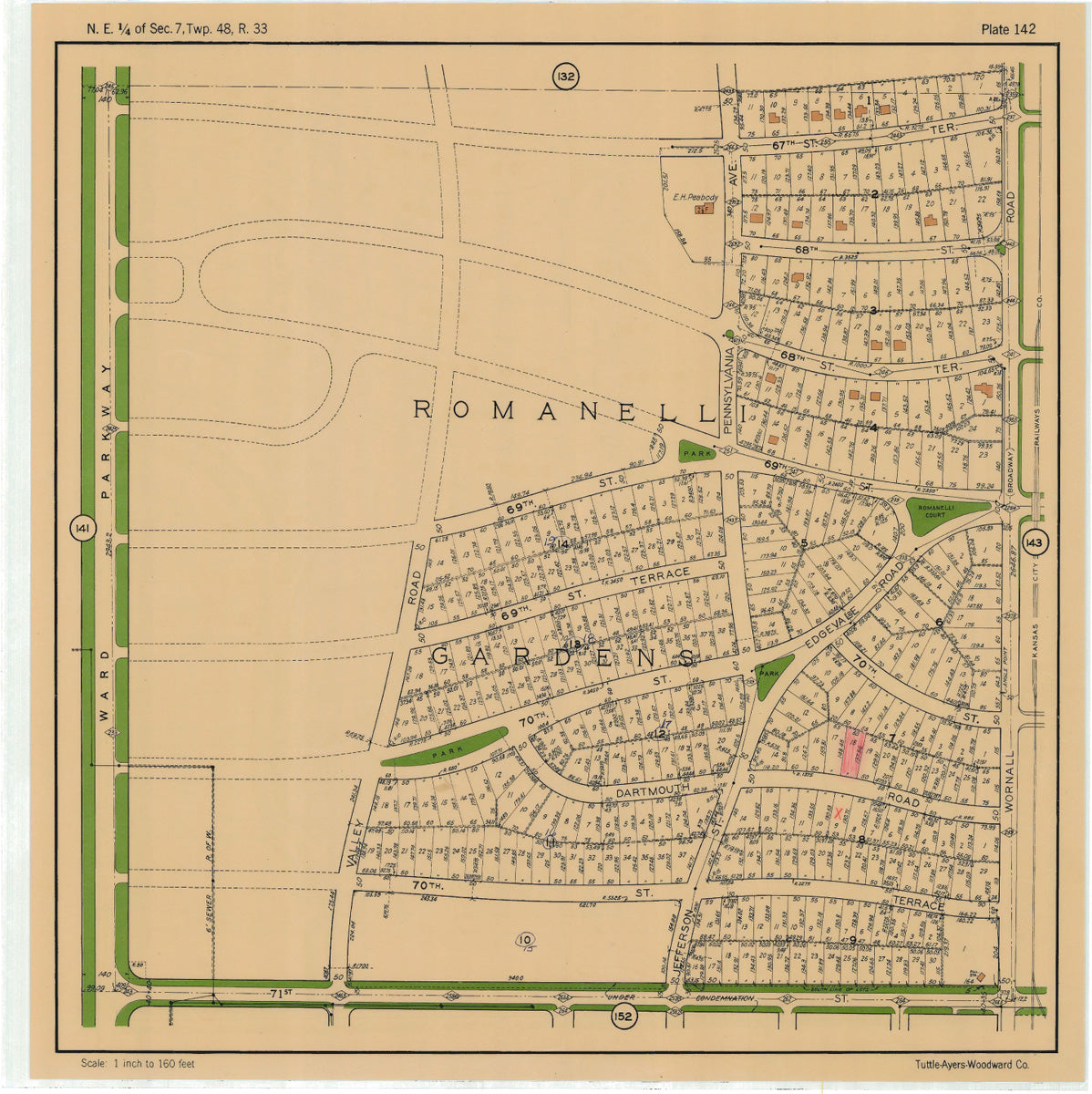 Kansas City 1925 Neighborhood Map - Plate #142 67th-71st Ward Pkwy-Wornall