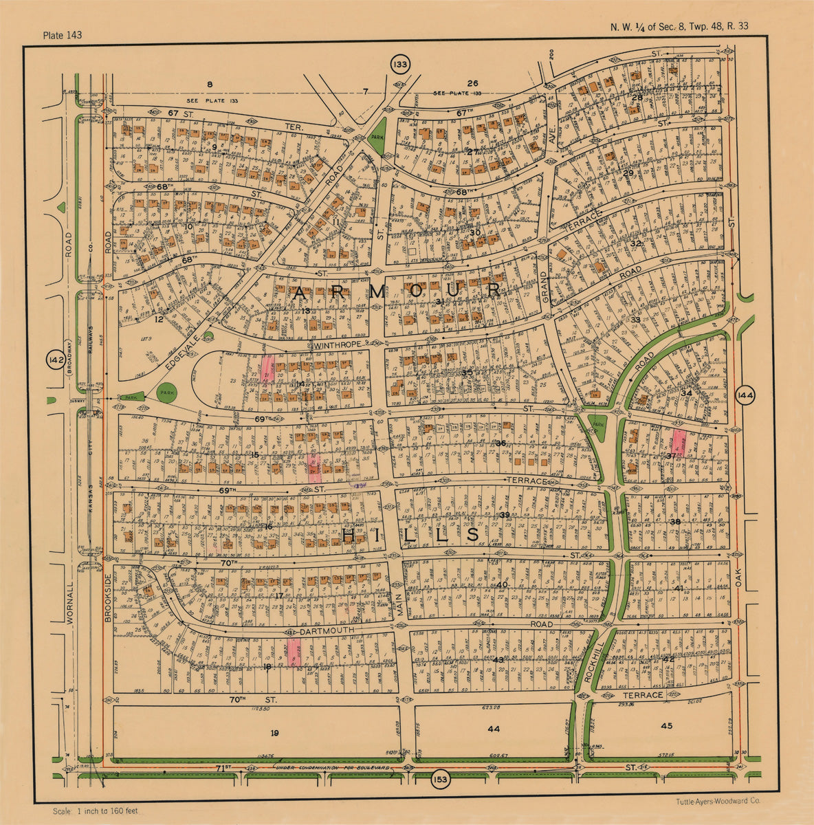 Kansas City 1925 Neighborhood Map - Plate #143 1926 67th-71st Brookside-Oak