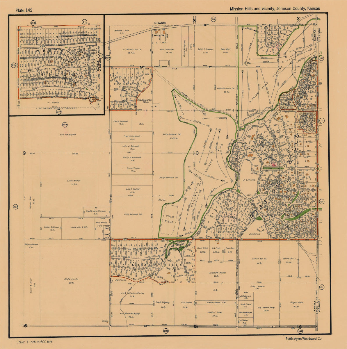 Kansas City 1925 Neighborhood Map - Plate #145 52nd-67th Porter Rd-State Line