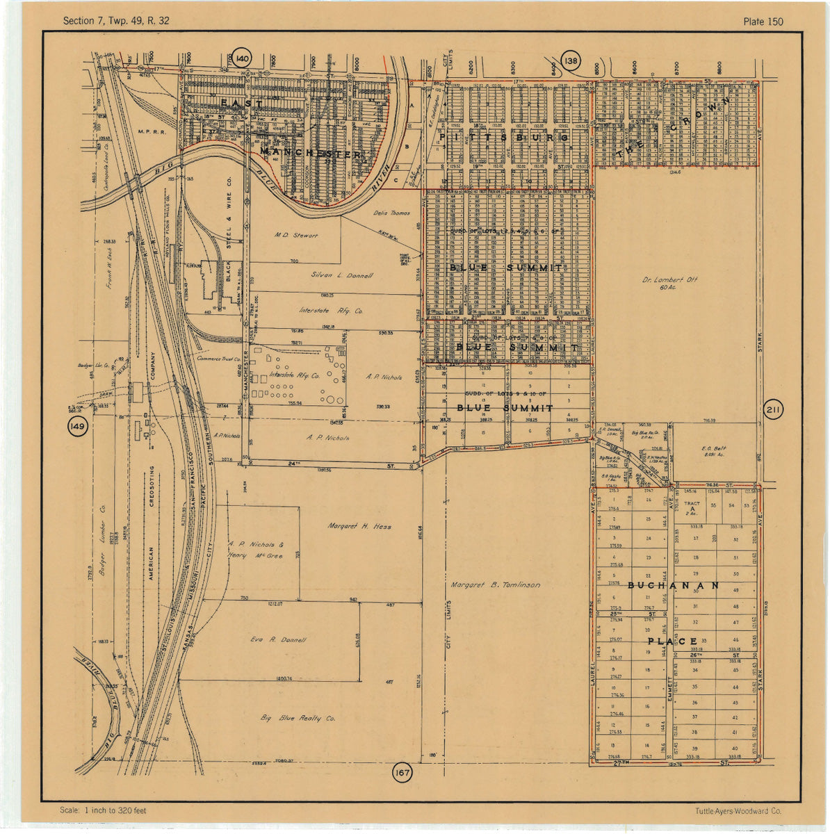 Kansas City 1925 Neighborhood Map - Plate #150 17th-27th Richmond-Stark