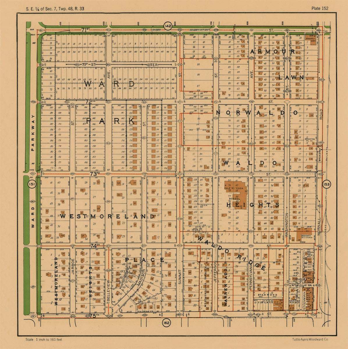 Kansas City 1925 Neighborhood Map - Plate #152 71st-75th Ward Pkwy-Wornall