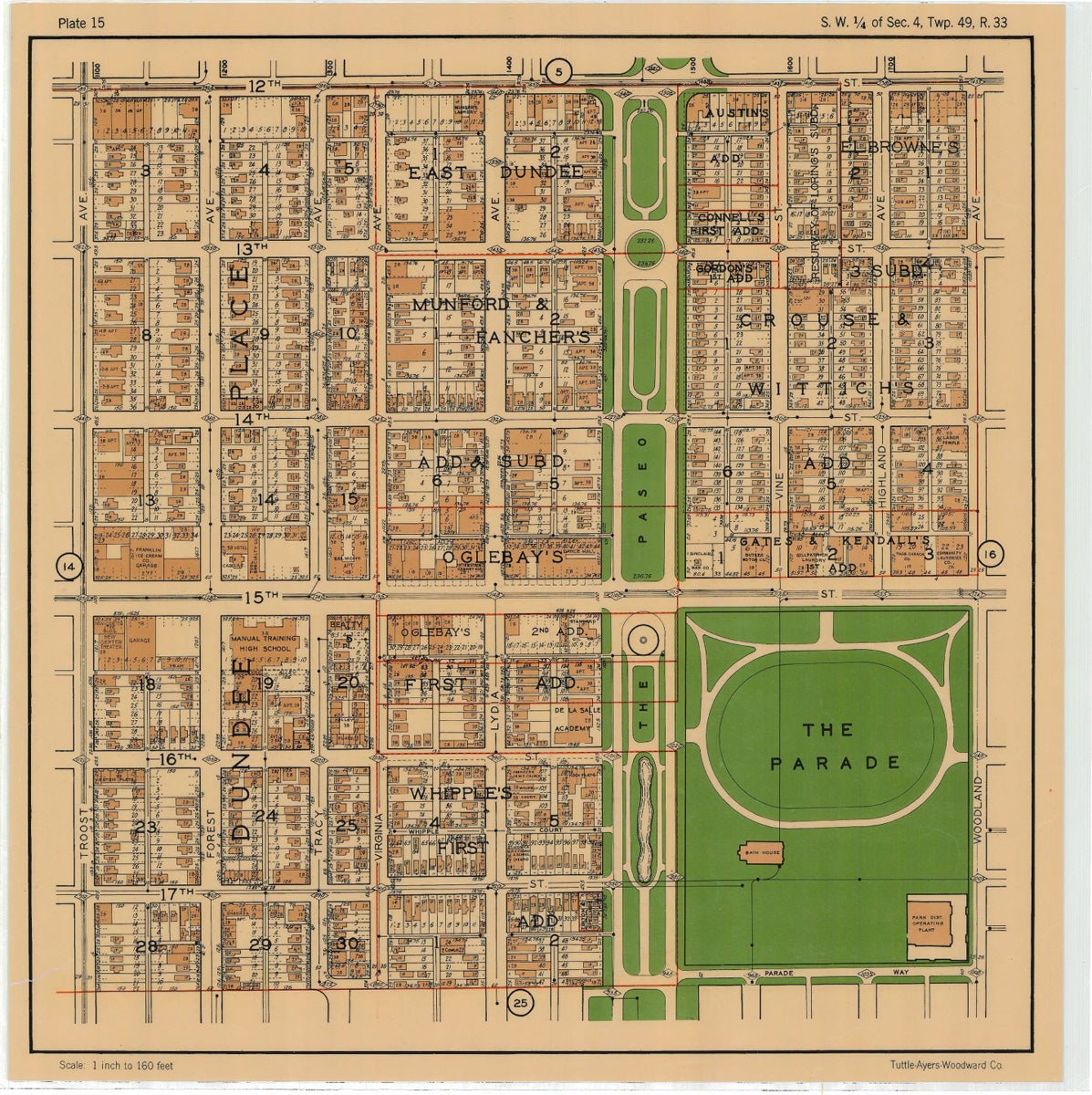 Kansas City 1925 Neighborhood Map - Plate #15 12th-17th Troost-Woodland