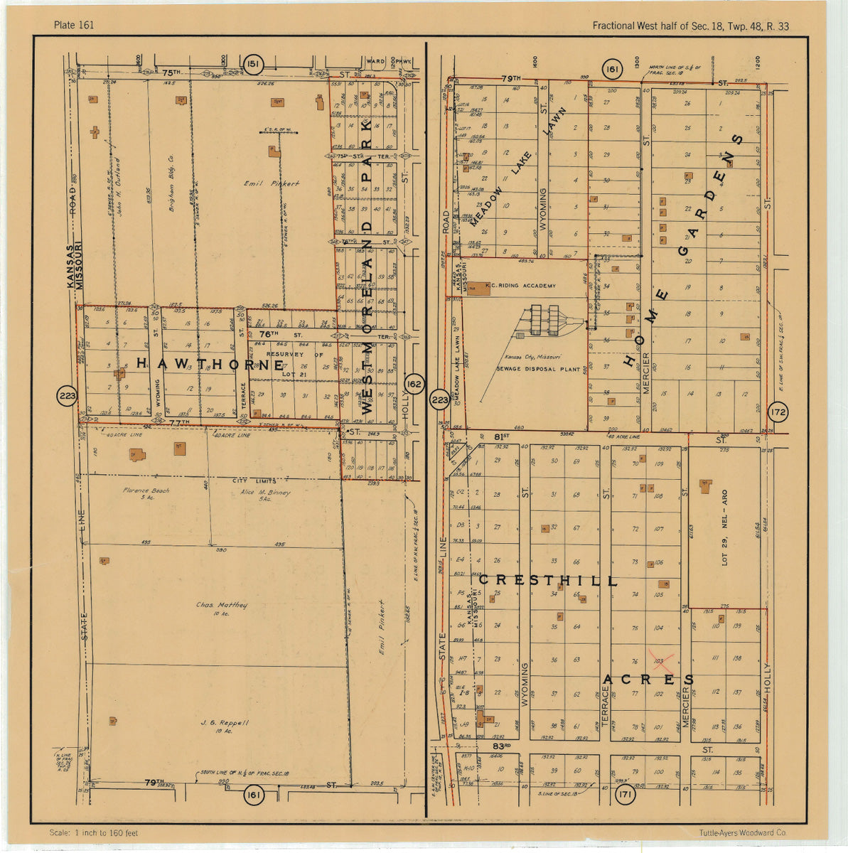 Kansas City 1925 Neighborhood Map - Plate #161 75th-83rd State Line-Holly