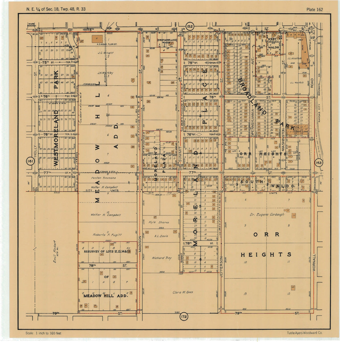 Kansas City 1925 Neighborhood Map - Plate #162 75th-79th Holly-Wornall