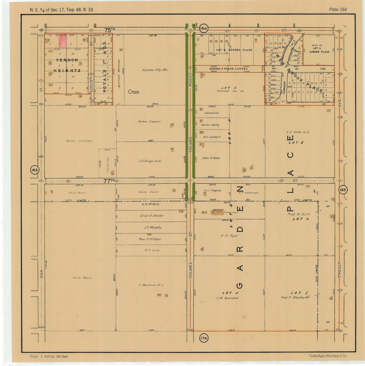 Kansas City 1925 Neighborhood Map - Plate #164 75th-79th Oak-Troost