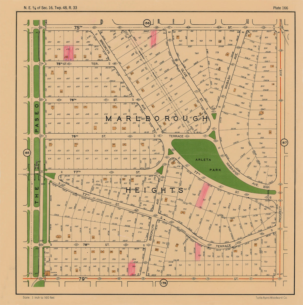 Kansas City 1925 Neighborhood Map - Plate #166 75th-79th Paseo-Prospect