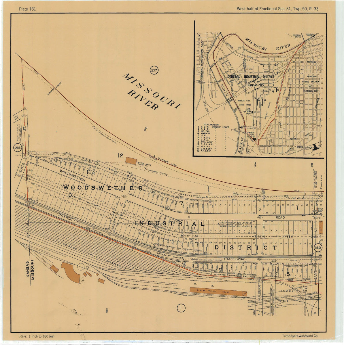 Kansas City 1925 Neighborhood Map - Plate #181 Woodswether Industrial