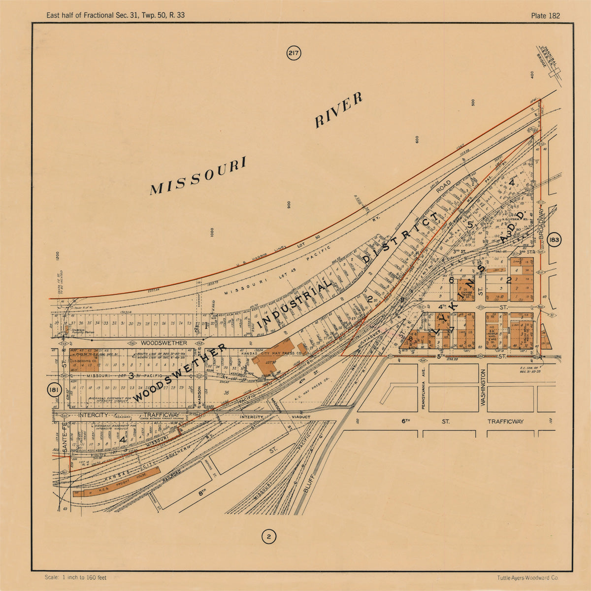 Kansas City 1925 Neighborhood Map - Plate #182 River-6th Santa Fe-Broadway