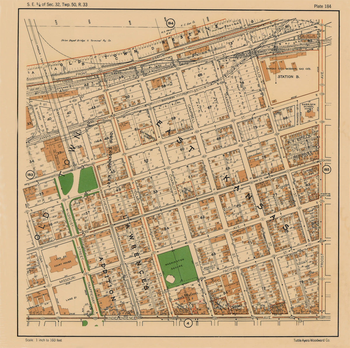Kansas City 1925 Neighborhood Map - Plate #184 Front St-Indep Ave Oak-Troost