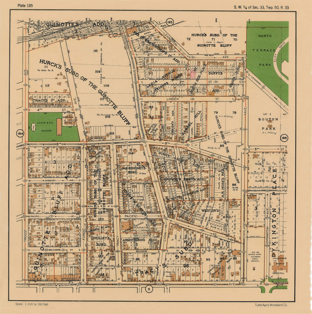 Kansas City 1925 Neighborhood Map - Plate #185 2nd-Indep Ave Troost-Highland