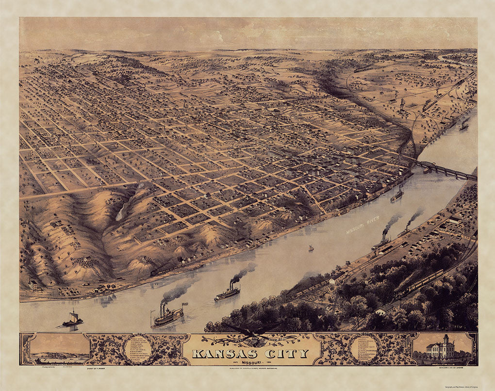 Kansas City Birds Eye Map 1869