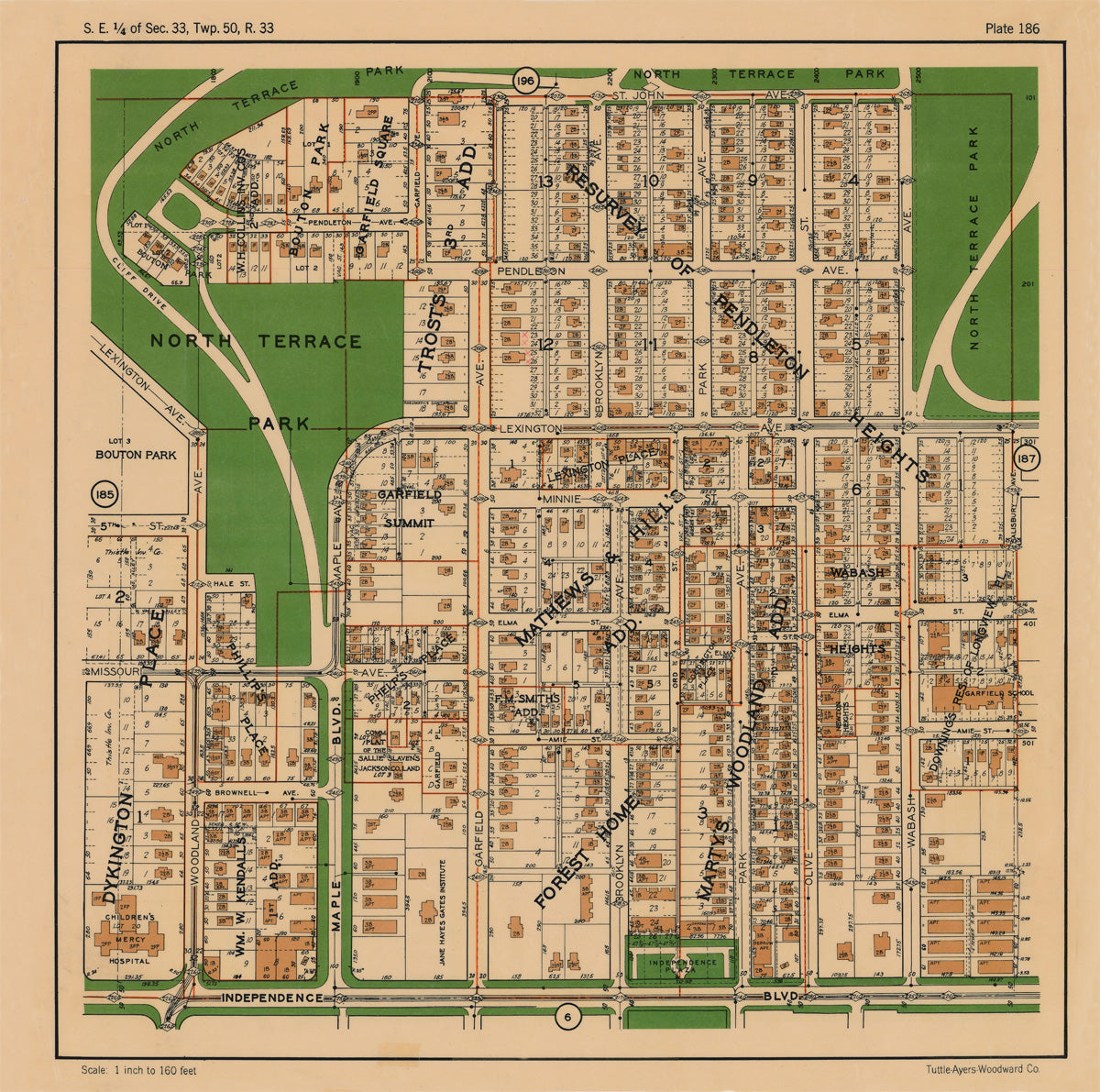 Kansas City 1925 Neighborhood Map - Plate #186 St John-Indep Ave Woodland-Wabash