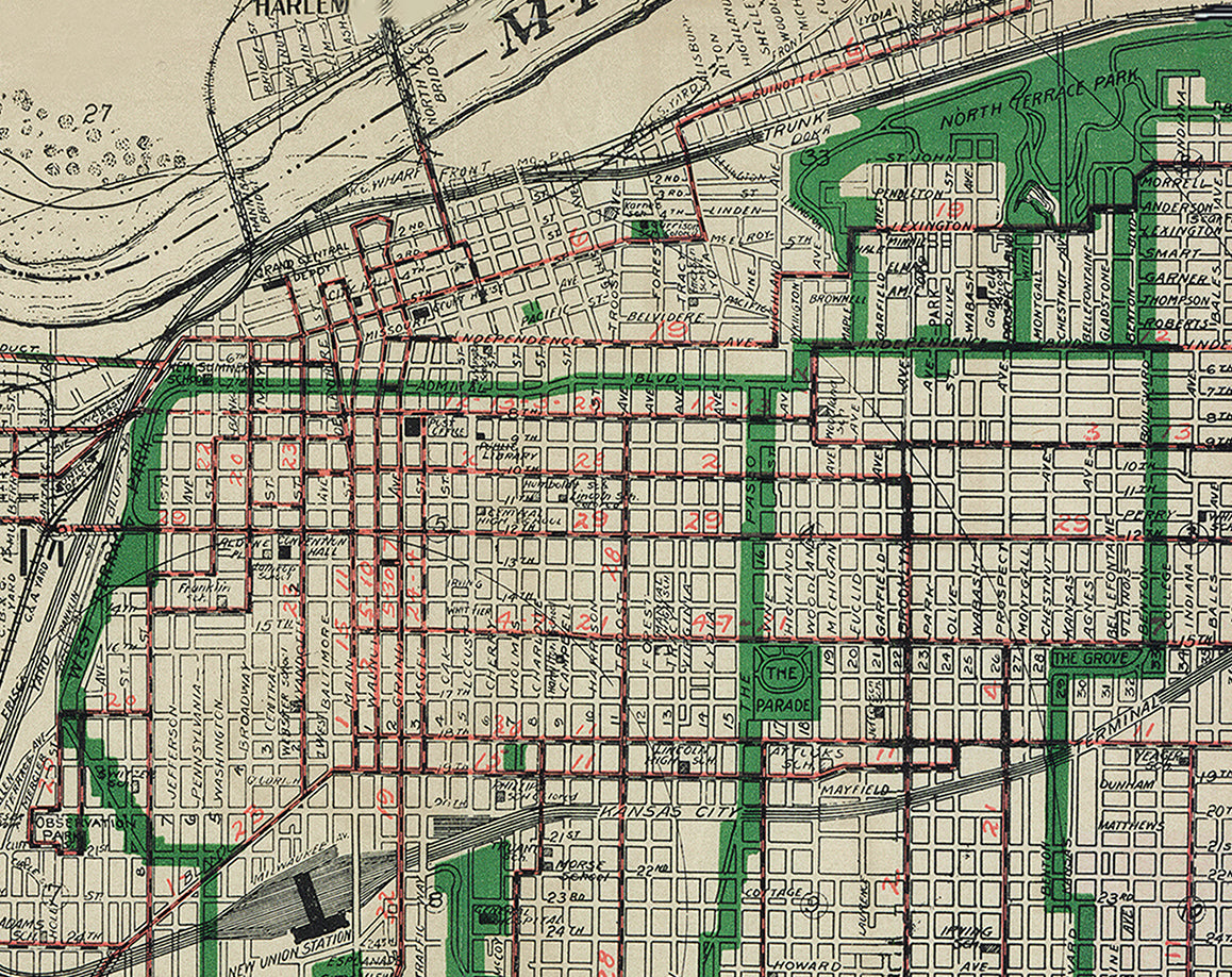 Kansas City Missouri Berry Streetcar Antique Vintage Map 1914 Classic Gallup Map