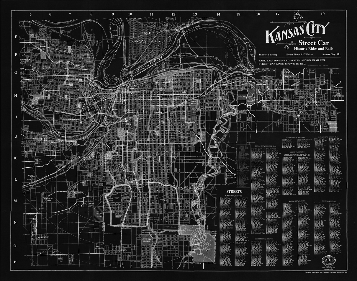 Kansas City Berry Map Company Reverse negative 1913 Street Car Map Anitique Vintage