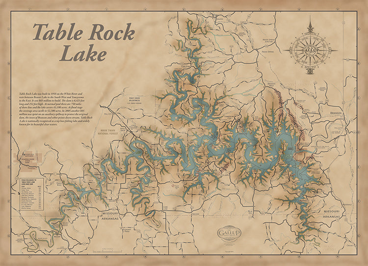 Table Rock Lake Map Vintage Classic Style