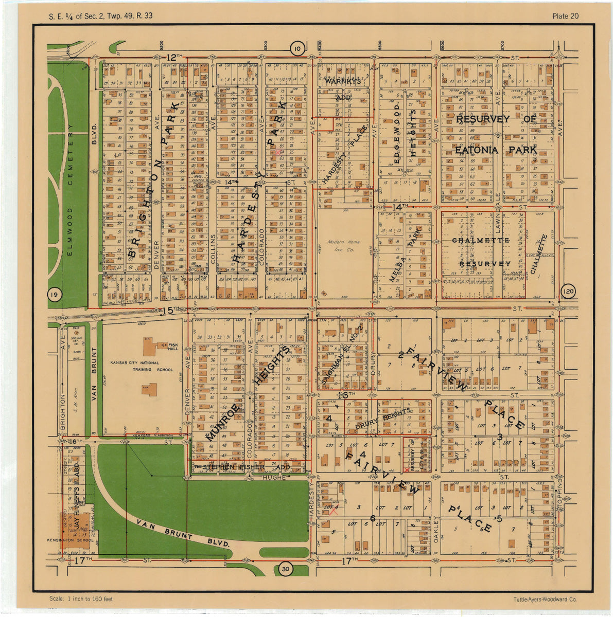 Kansas City 1925 Neighborhood Map - Plate #20 12th-17th Brighton-Topping
