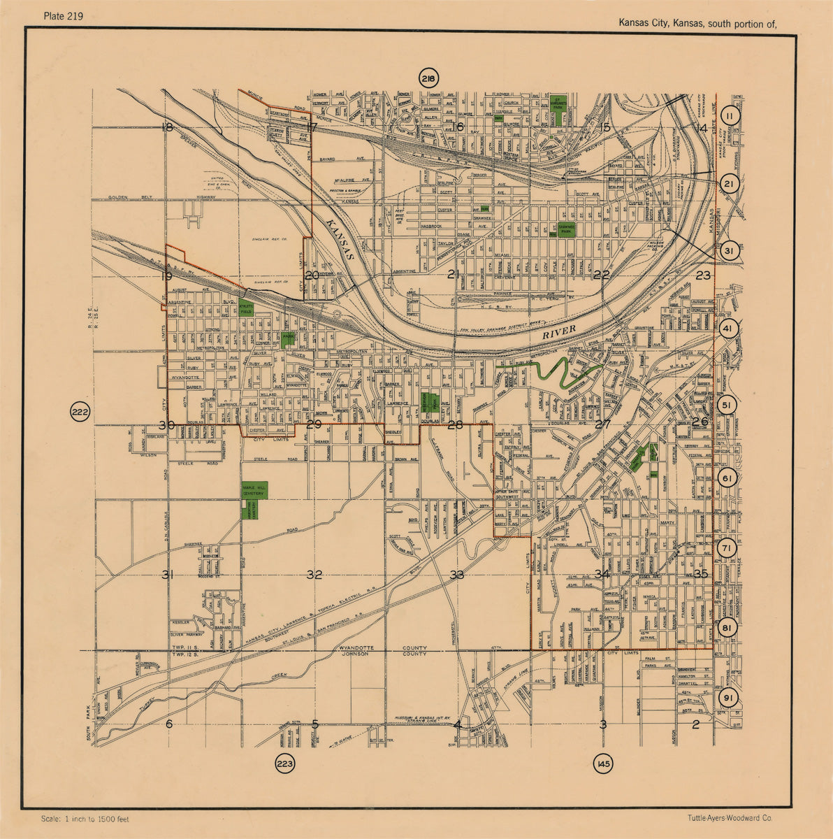 Kansas City 1925 Neighborhood Map - Plate #219 Southeast WYCO
