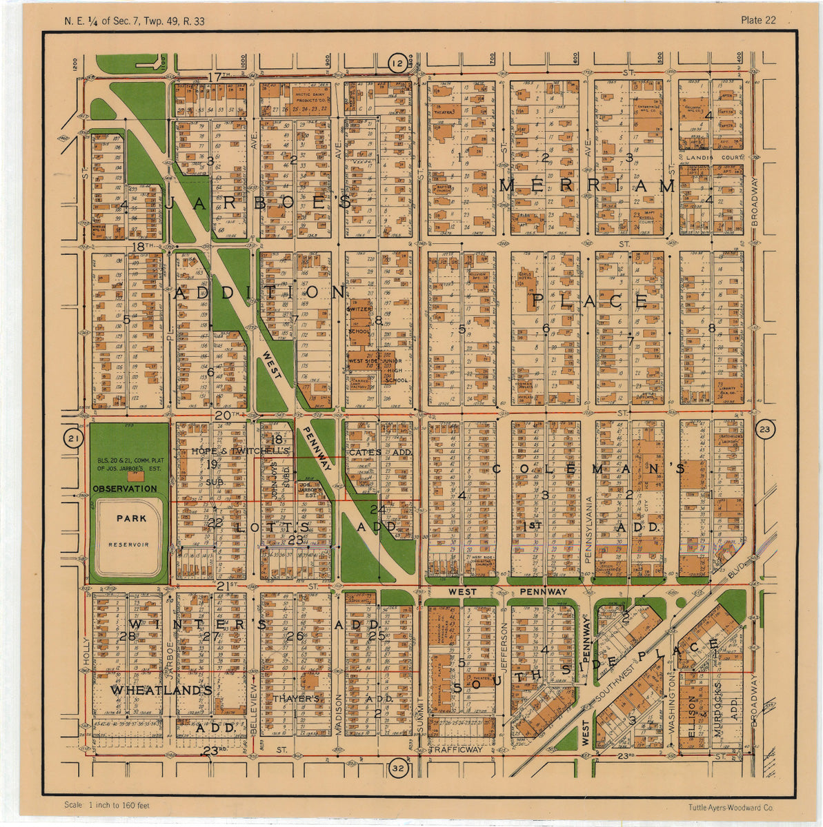 Kansas City 1925 Neighborhood Map - Plate #22 17th-23rd Holly-Broadway