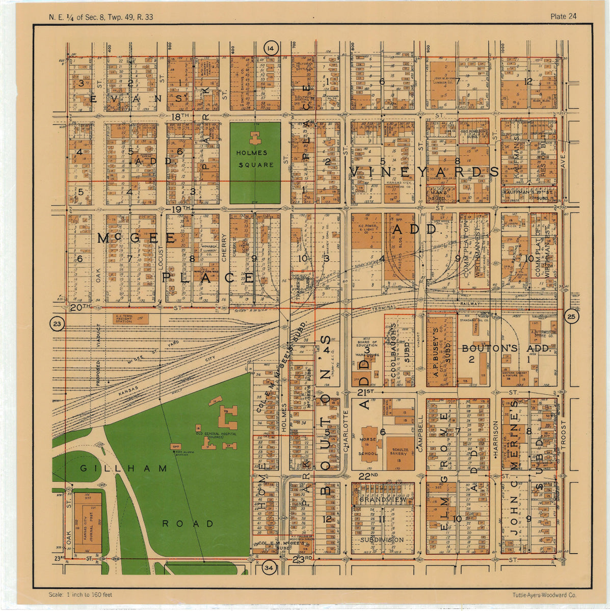 Kansas City 1925 Neighborhood Map - Plate #24 18th-23rd Oak-Troost