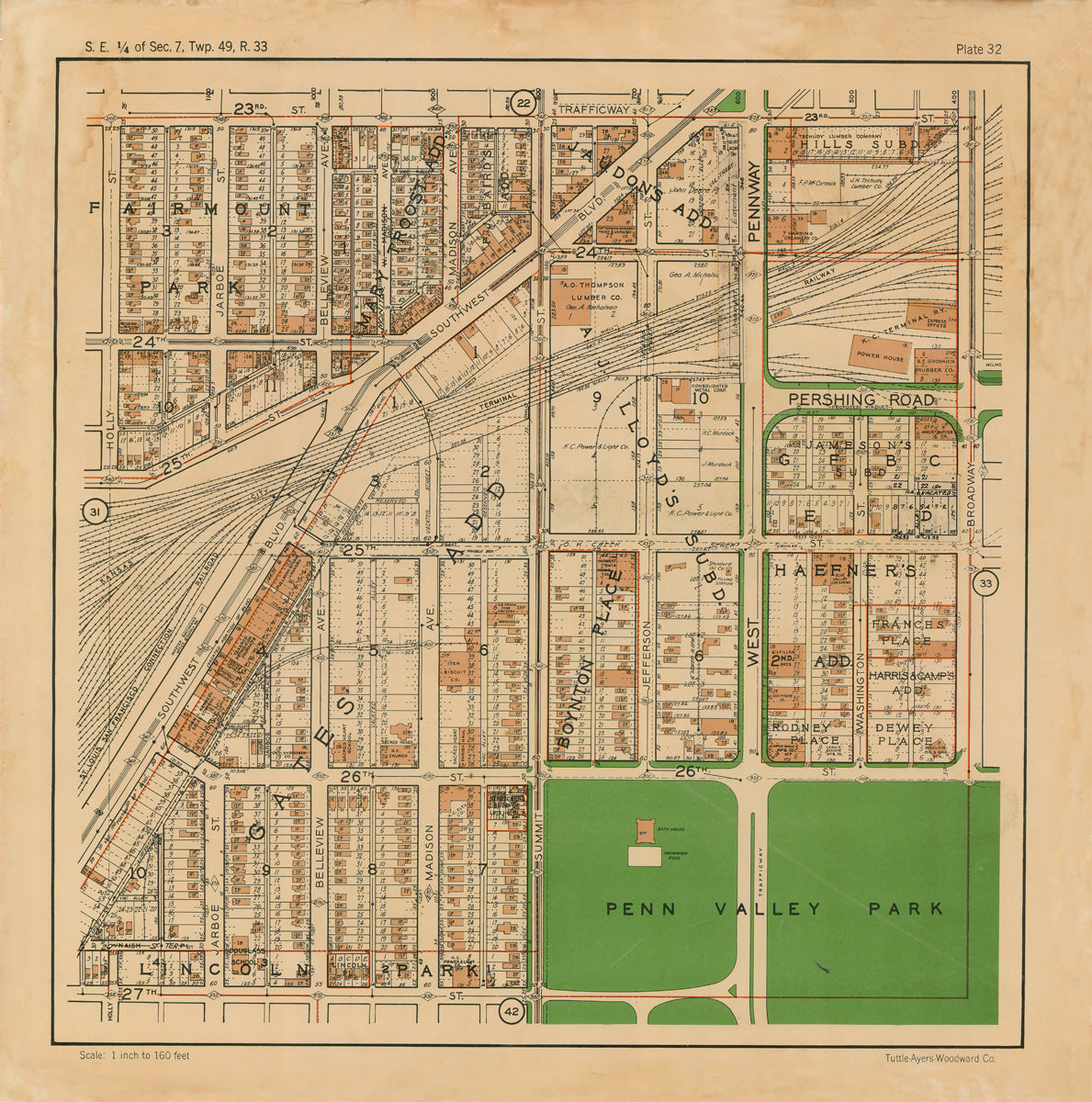 Kansas City 1925 Neighborhood Map - Plate #32 23rd-27th-Holly-Broadway