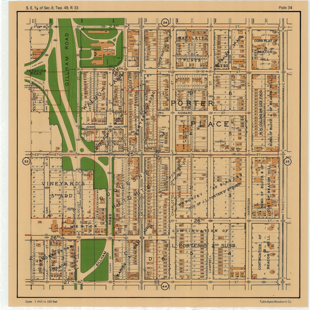 Kansas City 1925 Neighborhood Map - Plate #34 23rd-27th Oak-Troost