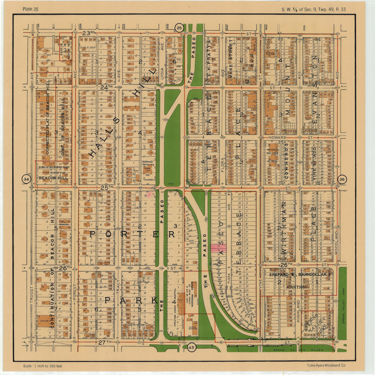 Kansas City 1925 Neighborhood Map - Plate #35 23rd-27th Troost-Woodland