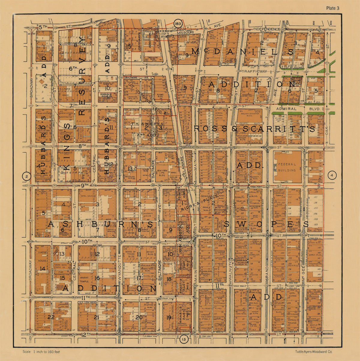 Kansas City 1925 Neighborhood Map - Plate #3 5th-12th Broadway-Oak