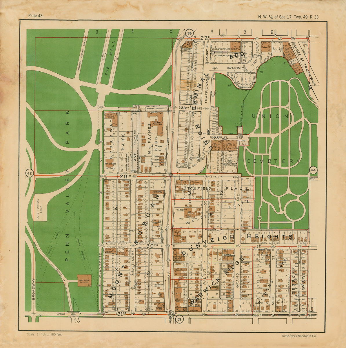Kansas City 1925 Neighborhood Map - Plate #43 27th-31st-Broadway-Mcgee