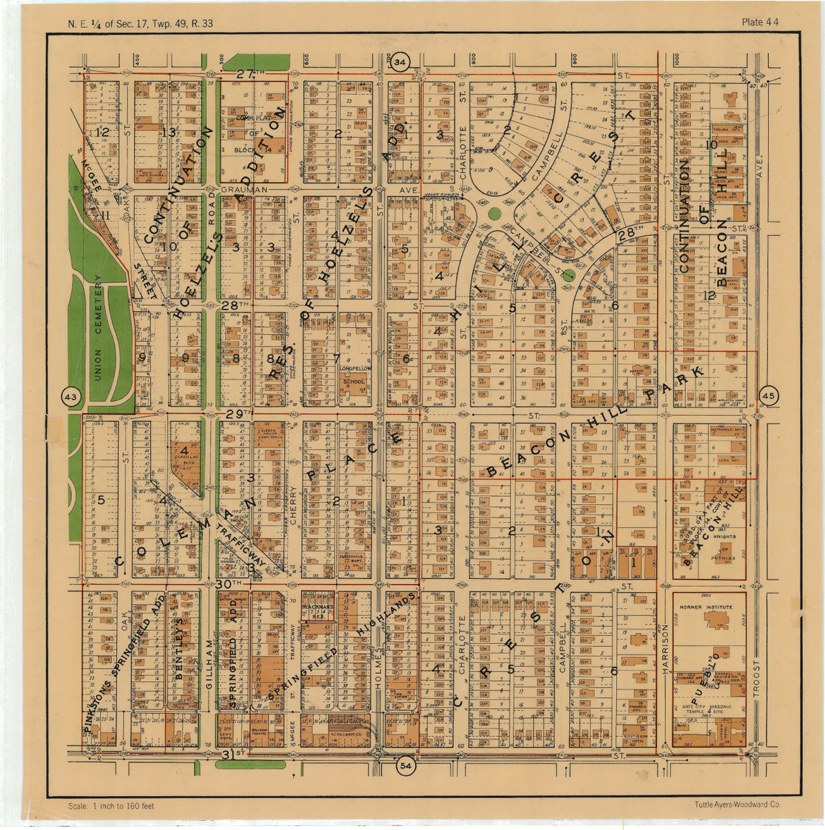 Kansas City 1925 Neighborhood Map - Plate #44 27th-31st Oak-Troost